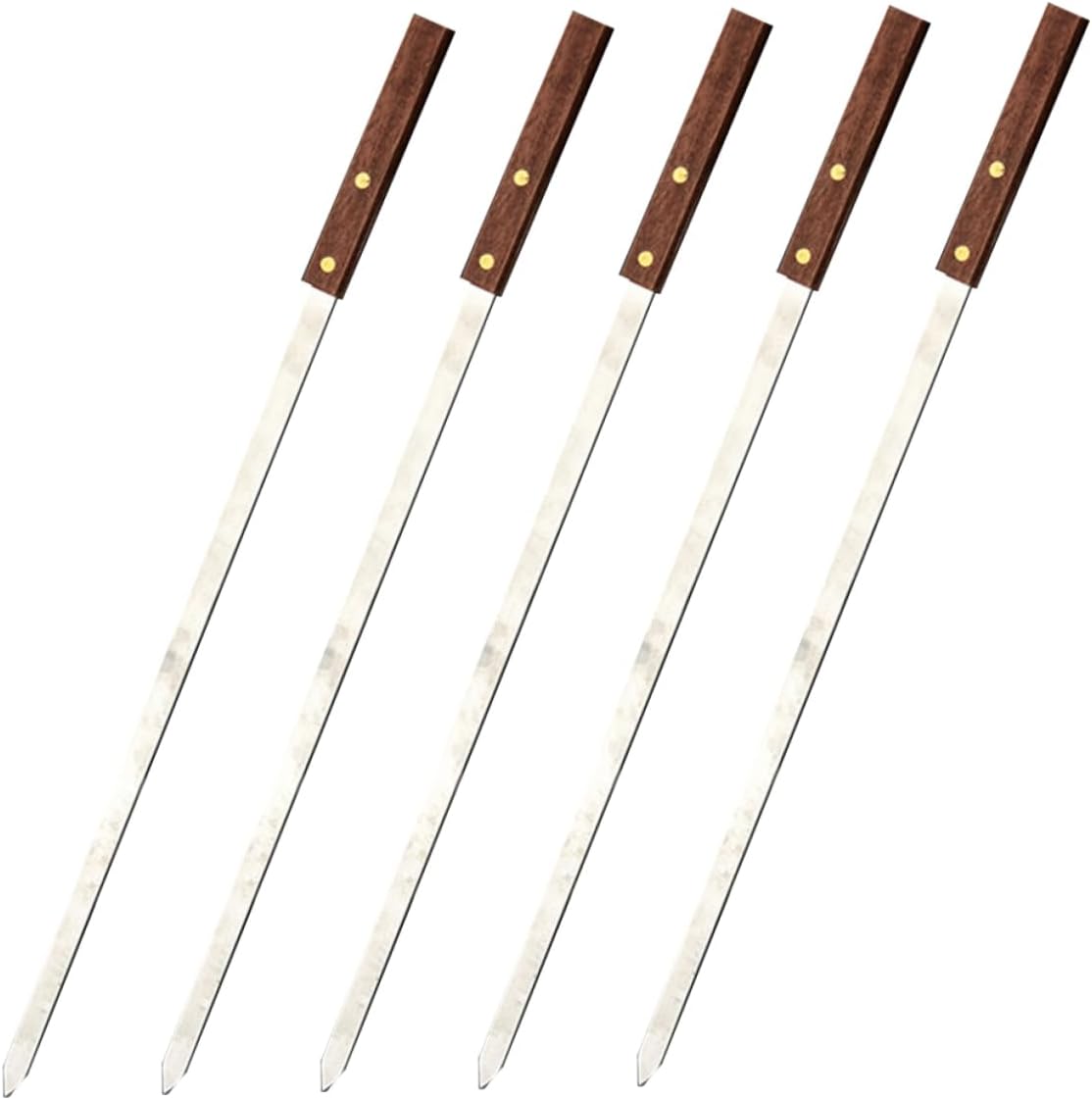 5pcs Reusable Bbq Skewers Stainless Steel Flat Skewers Kebab Sticks Wooden Handle for Outdoor Bbq