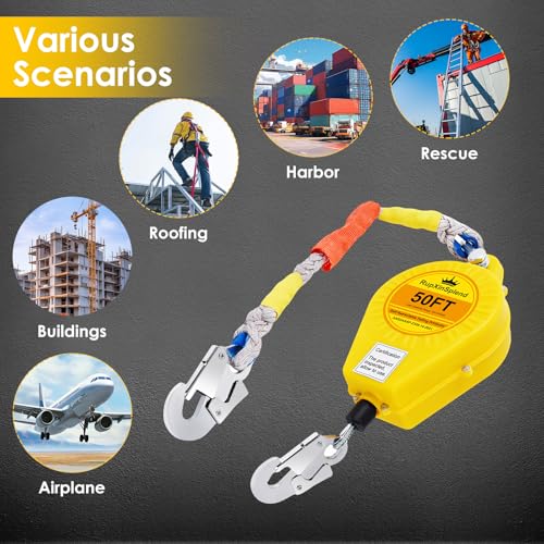 Image of Fall Arrester Protector Self Retractable 50FT Fall Protection Gear Double Locking, Dual PPE+Alloy Steel housing Heavy Duty Lifeline Safety Lanyard Rope Cable Wire Roofing Construction