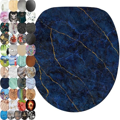 Sanilo Abattant WC, Grande sélection de lunettes de toilette, Finition de haute qualité, Charnières robustes, Fixation facile (Marbre Bleu foncé)
