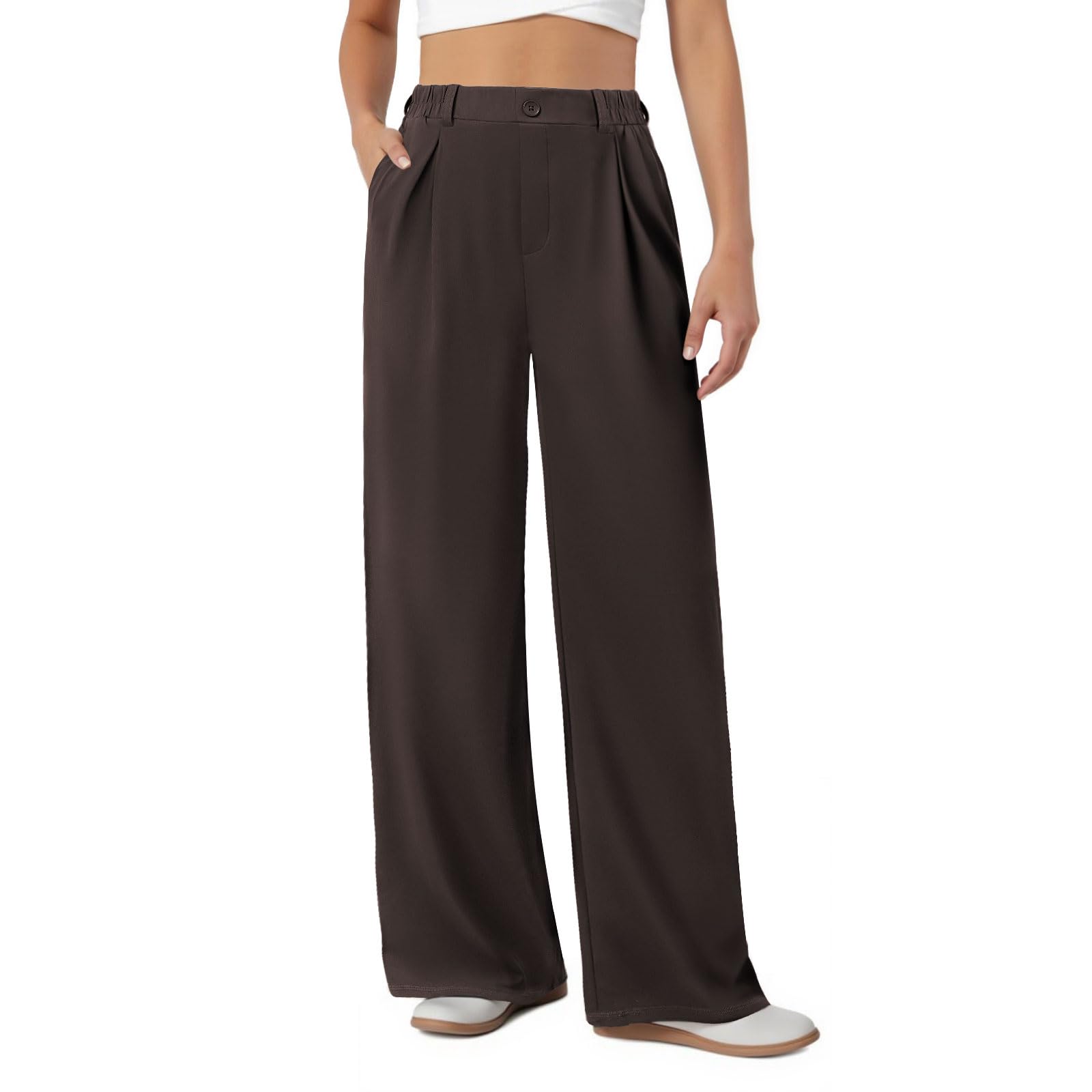 Womens Dress Pants Wide Leg Stretchy Work Pants with Pockets Elastic Waist Pleated Front Business Casual Slacks