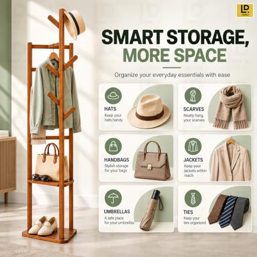 Image of LEOPAX Premium Bamboo Coat Hanger Stand with 2 Storage Shelves & 6 Hooks, Freestanding Clothes Rack for Coats, Scarves, Handbags & Accessories, Dark Brown, 36 x 36 x 168 cm