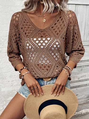 Image of Verdusa Women's Crochet Beach Summer Sweater 3 /4 Length Sleeve Boho Off The Shoulder Tops