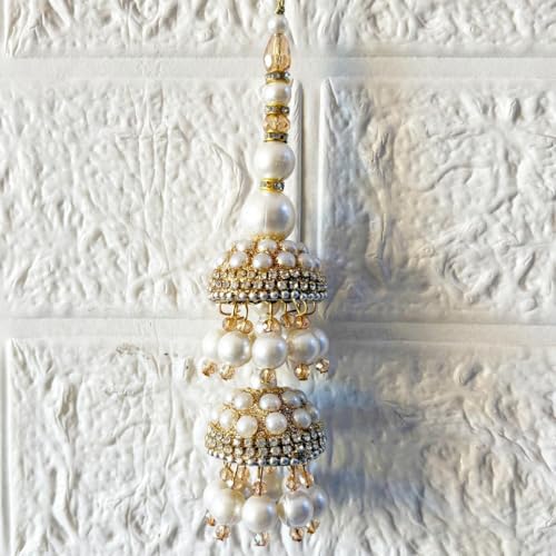 Image of Adikala Craft Store Handmade Ethnic Latkan Tassel Set of 2 for Saree Pallu, Blouse, Suits, Dupatta, Lehenga Decor | Ethnic Saree Pallu, Blouse, Suit, Dupatta & Lehenga Decoration (White Glitter D2)