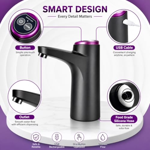 Image of Electric Water Dispenser Pump, USB Rechargeable, Portable, for 5L to 20L Bottles, Stainless Steel Spout, Food Grade Silicone Hose