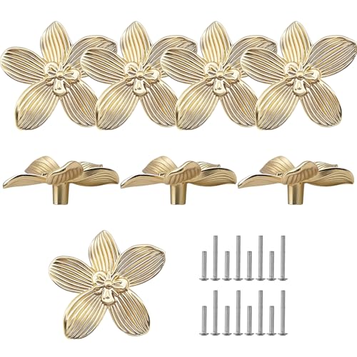TKWINKT Flower Drawer Knobs Flower Cabinet Knobs Zinc Alloy Dresser Knobs 2.4 inch (61mm) Gold Cabinet Door Knobs (8, Gold)