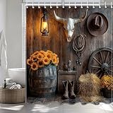 Lindameler Western Rustic Barn Door Shower Curtain with 12 Hooks, Farmhouse Countryside Cowboy Shower Curtain Vintage Sunflowers Cow-Skull Wooden Door for Western Bathroom Decor, 72 X 72 Inch