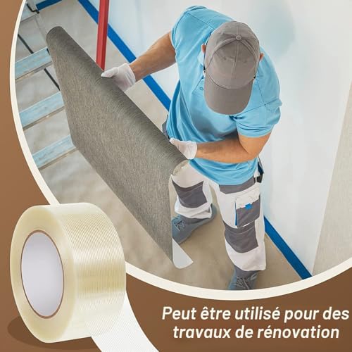 GTIWUNG Ruban Adhésif en Fibre de Verre - Renforcement et Cerclage, Bande Renforcée, Armé, Filament d'Emballage - 5cm x 50m, Transparent – vue 6