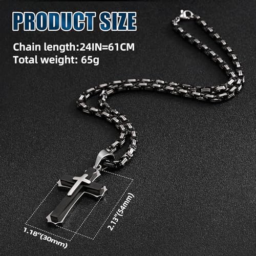 Byzantine Cross Necklace for Men, Black Silver Stainless Steel Cross Chain Pendant Necklace Masculine Chunky Sturdy Mens Christian Jewelry Gift 22/24 Inch3