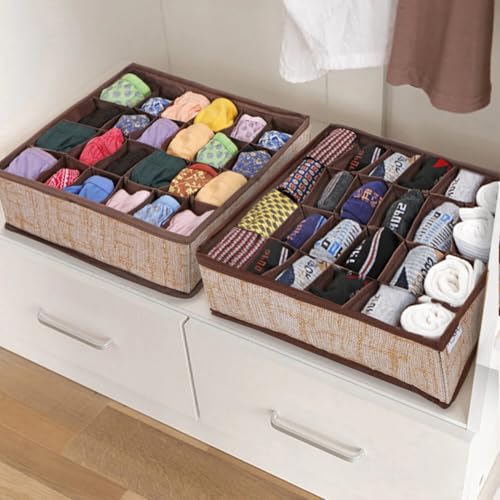 Image of HOKIPO Fabric Undergarment Clothing Organizer Storage Box for Drawers Bra Panty Socks Tie Lingerie Organizer for Wardrobe, 2 Pcs-24+24 Grids (NEW-332-BR*2), Brown