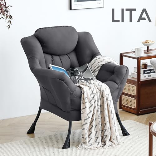Image of LITA Lazy Chair with Armrests and Side Pocket, Modern Upholstered Accent Reading Chair for Living Room, Bedroom, Dorm, Small Spaces, Single Dark Grey