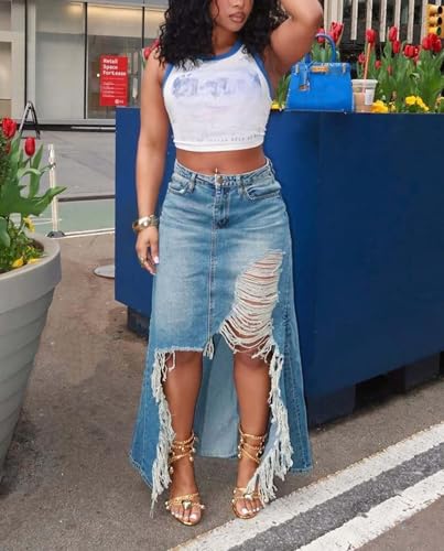 DINGANG Women's Slit Long Denim Skirt High Waist Casual Frayed Midi Jean Skirts with Pockets2