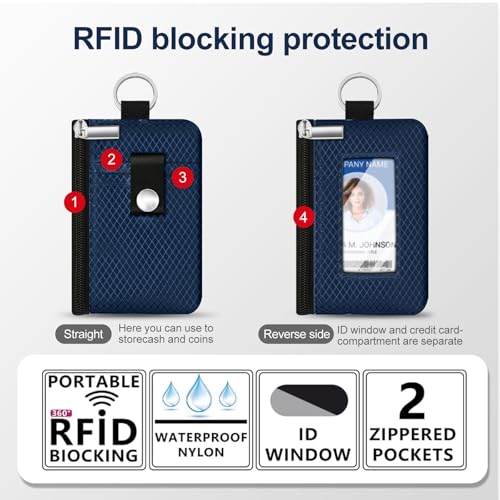 Image of Minimalist RFID Blocking Small Wallet with ID Window,WaterResistant Zip Id Case Wallet with Lanyard Keychain for Cards,Cash,Travel,Women,Men (Dark blue)