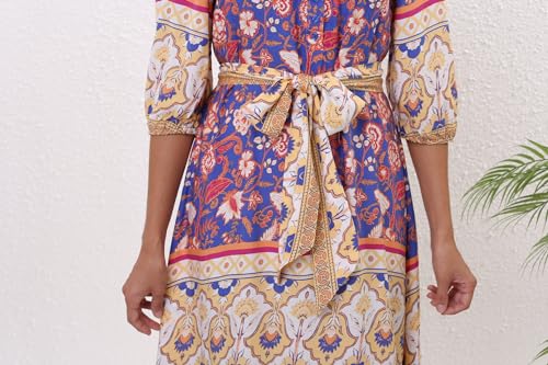 Image of Women Boho High-Waist Floral Print Maxi Dress 3 /4 Sleeve Casual | Soft Rayon, Breathable, Quick-Dry. High-Waist with Adjustable Belt, Flattering Hem. Ideal for Beach, Work & Dating.
