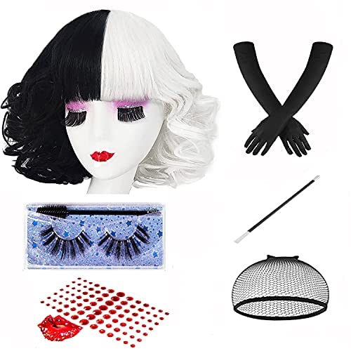 Haster6pcs Cruella le Costume Women Wig Set,Black and White Wig,Short Curly Halloween Wig,Cute Shoulder Length Synthetic Wigs for Party Cosplay Halloween Christmas,1920s Constume Wig Set