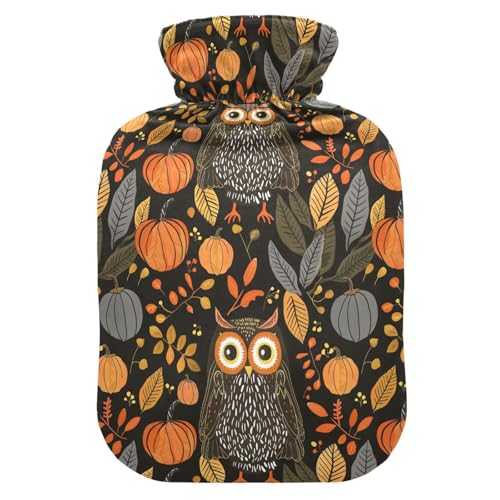 YNNALE Fall Harvest Owl Pumpkin Farmhouse Fall Hot Water Bottle with Cover, 2Liter Soft Velvet Winter Warm Water Bag for Neck and Shoulder Pain Relief Period Cramps Bed Hand Feet Warmer