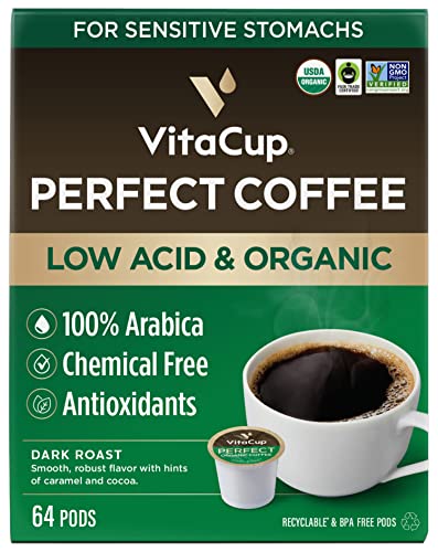 VitaCup Perfect Low Acid Coffee Pods, USDA Organic & Fair Trade, Mycotoxin Free, Dark Roast Guatemala Single Origin, Clean & Pure Single Serve Pod compatible w/Keurig K-Cup Brewers,64 CT