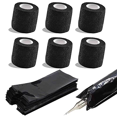 6pcs Cinta Agarre Tatuaje Grip 200pcs Bolsas para Máquinas Tatuaje Cubierta de Agarre de Tatuaje Desechable Accesorios de Tatuaje Tattoo Supplies
