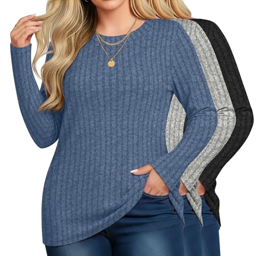 Velvelhall 3 Pack Women's Plus Size Tunic Sweaters Ribbed Long Sleeve Slim Fit Shirts Crewneck Pullover Casual Tops(Black, Light Gray, Navy Blue,3X-Large)