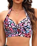 Tempt Me Women Colorful Leopard Bikini Top Push Up Swim Top Halter Retro Bathing Suit Top Padded Swimsuit Top Only M