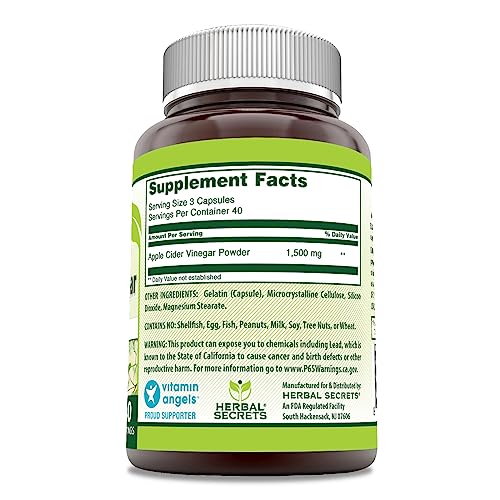 Herbal Secrets Apple Cider Vinegar Supplement | 1500 Mg Per Serving | 120 Capsules| Non-GMO | Gluten Free | Made in USA