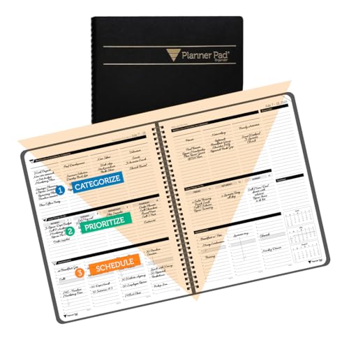 Planner Pad Spiral Bound 3-Tier Funnel Down 12 Month Organizer, July 2025 – June 2026 / Academic Year, Black Cover/Black Ink, 8 1/2" x 11"