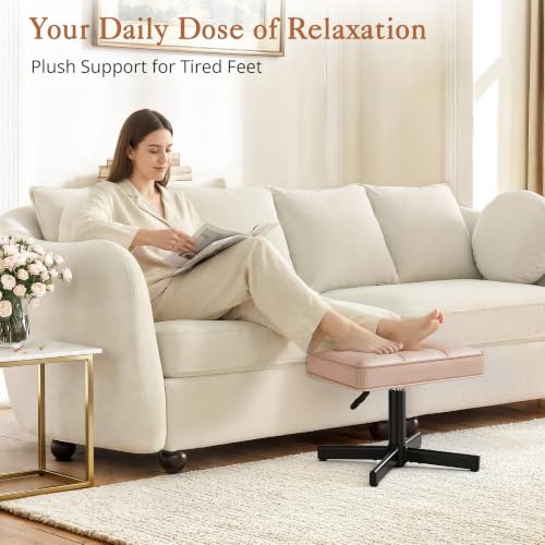 Image of LUE BONA Adjustable Vanity Stool, 15''-19.5'' Foot Rest Under Desk, 360 Swivel Vanity Chair for Makeup Room, Rose Gold Upholstered Faux Leather Ottoman for Bathroom & Living Room, 300lbs