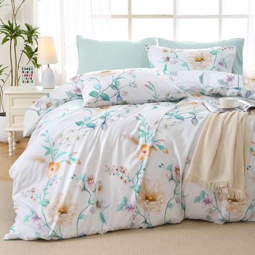 Image of MUXHOMO Green Branch Full Comforter Set, Elegant Floral Print Bed in a Bag 7 Pieces, Ultra Soft & Breathable Reversible Botanical Pattern Bedding Set with Comforter, Sheets, Pillowcases, and Shams