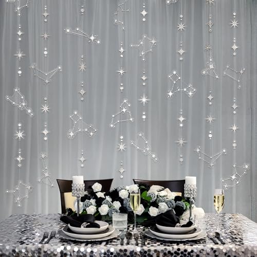 Image of Cheerland Glitter Celestial Party Decorations Constellation Birthday Decoration Star Garlands Withy Backdrop Astrology Decor Zodiac Theme Banner Hanging Stars Streamer Galaxy Party Suppplies (Silver)