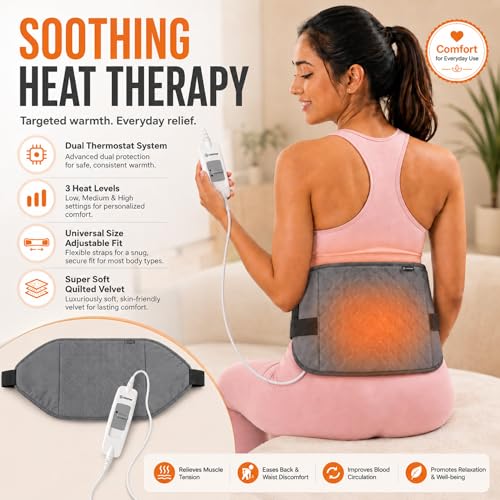 Image of COMFIER Heating Pad for Back Pain Relief, Large Electric Heat Pad with 3 Temperature Settings & Auto Shut-Off, Soft Velvet Heating Belt for Period Cramps, Knee, Shoulder and Neck, Grey