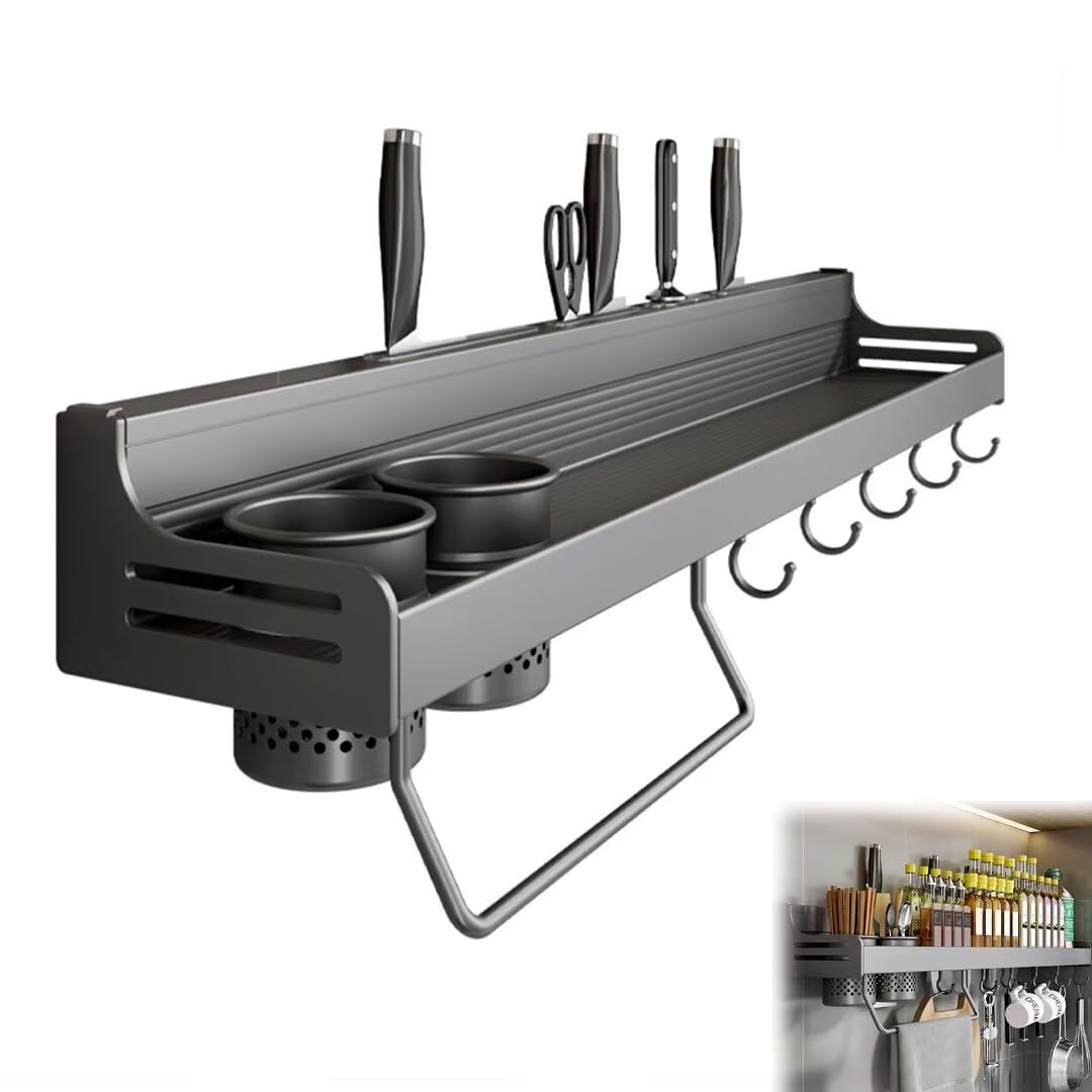 MYUYEE Spice Rack Wall Mounted, Kitchen Wall Shelf, Utensil Rack, Kitchen Shelf Organiser, Cutlery Holder Organiser, Spice Racks Multi-Purpose Suitable For Kitchens, Restaura(Grey-70Cm)