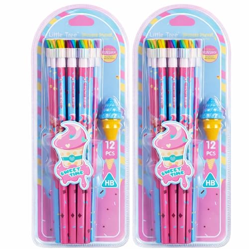 Image of 24 Pcs HB Pencils Set with Cute Ice Cream Erasers - Cartoon Theme Colourful School Pencils for Girls, Boys, Kids, Drawing, Homework, Birthday Return Gifts, Stationery Kit