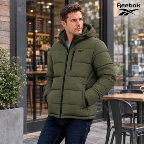 Image of Reebok Mens Quilted Puffer Jacket, Weather Resistant Hooded Winter Coat