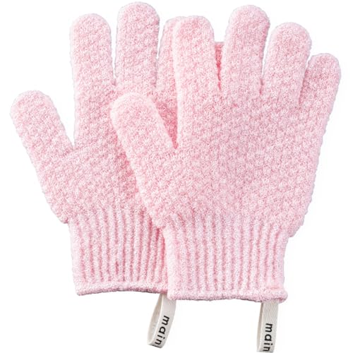 MainBasics Exfoliating Bath Gloves for Shower Heavy-Textured Nylon Fiber Body Exfoliator Scrub Gloves – Hanging Loop, Stretchy Design, Machine Washable (1 Pair, Soft Pink)