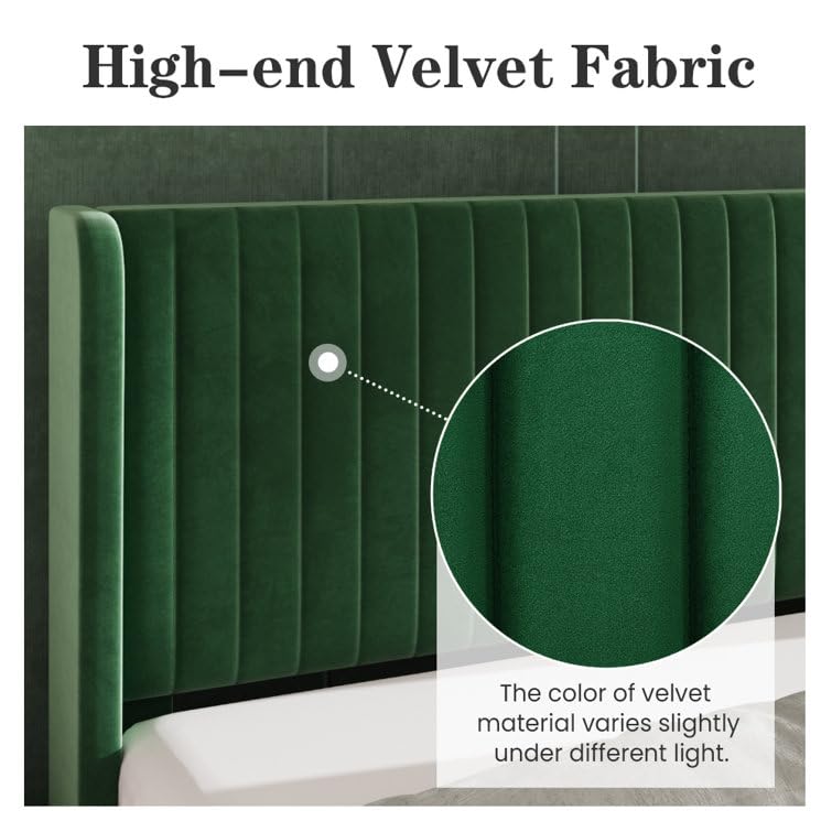Image of HITHOS Solid Wood Modern Upholstered King Size Bed with Wingback Headboard | Wooden Double Bed Cot Palang Furture Without Storage (Regal Green) -1 Year Warranty