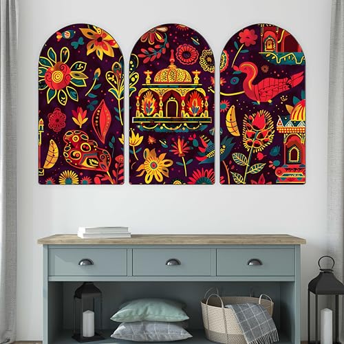 Livin'luxe Colorful Indian Palace Folk Art Wall Painting | Set of 3 Panels MDF Wall Décor with Floral & Peacock Design | Traditional Ethnic Home Decoration for Living Room & Bedroom