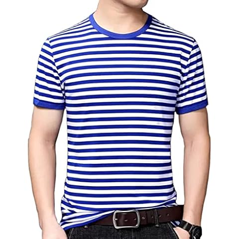 BIKMAN Men’s Crew Neck Stripe T-Shirt Short Sleeve Classic Casual Top (as1, Alpha, s, Regular, Regular, Blue) Cover