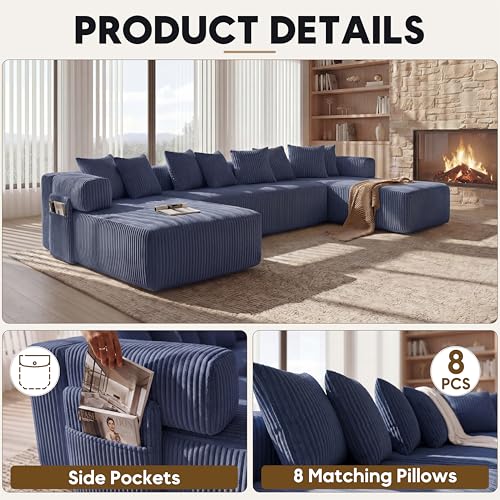 Image of Oversized Cloud Boneless Couch with Chaise, 146 inch Modern U Shape Modular Deep Seat Sectional Sofa, Comfy Corduroy Upholstered Couches for Living Room, No Assembly Required-Blue
