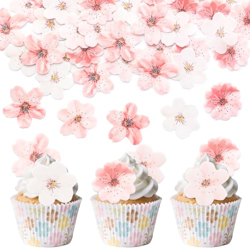 50 Pcs Edible Cherry Blossoms Cupcake Toppers Edible Wafer Paper Cupcake Cake Dessert Toppers for Wedding Baby Shower Birthday Party Decorations
