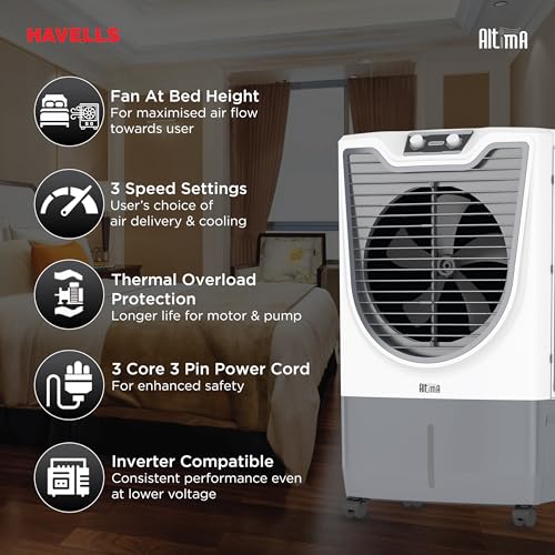 Image of Havells Altima 70 L Desert Air Cooler for Home /Office|Powerful Air-Delivery|Bacteria Shield Honeycomb Pads|Ice Chamber|Front Wheels with brakes|Double Ball Bearing Motor|Inverter Compatible