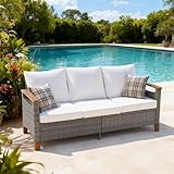 SUNSITT Outdoor Patio Couch Sofa, All Weather Wicker 3 Seater Couch with Acacia Wood Armrest, Outdoor Seating Patio Furniture Sofa with Grey Wicker & White Cushion for Balcony Porch Deck