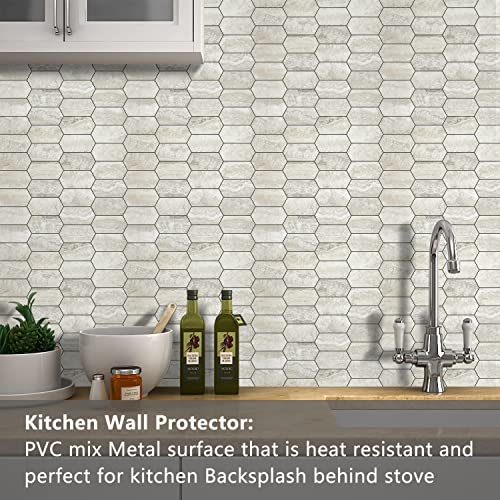 Vamos Tile Long Hexagon Peel And Stick Backsplash Tile - 10 Sheets Stick On Backsplash For Kitchen And Bathroom 12.4 X 12 Inch Beige Slate Look Pvc Mixed Metal Silver Self Adhesive Mosaic Wall Tiles #TOP1