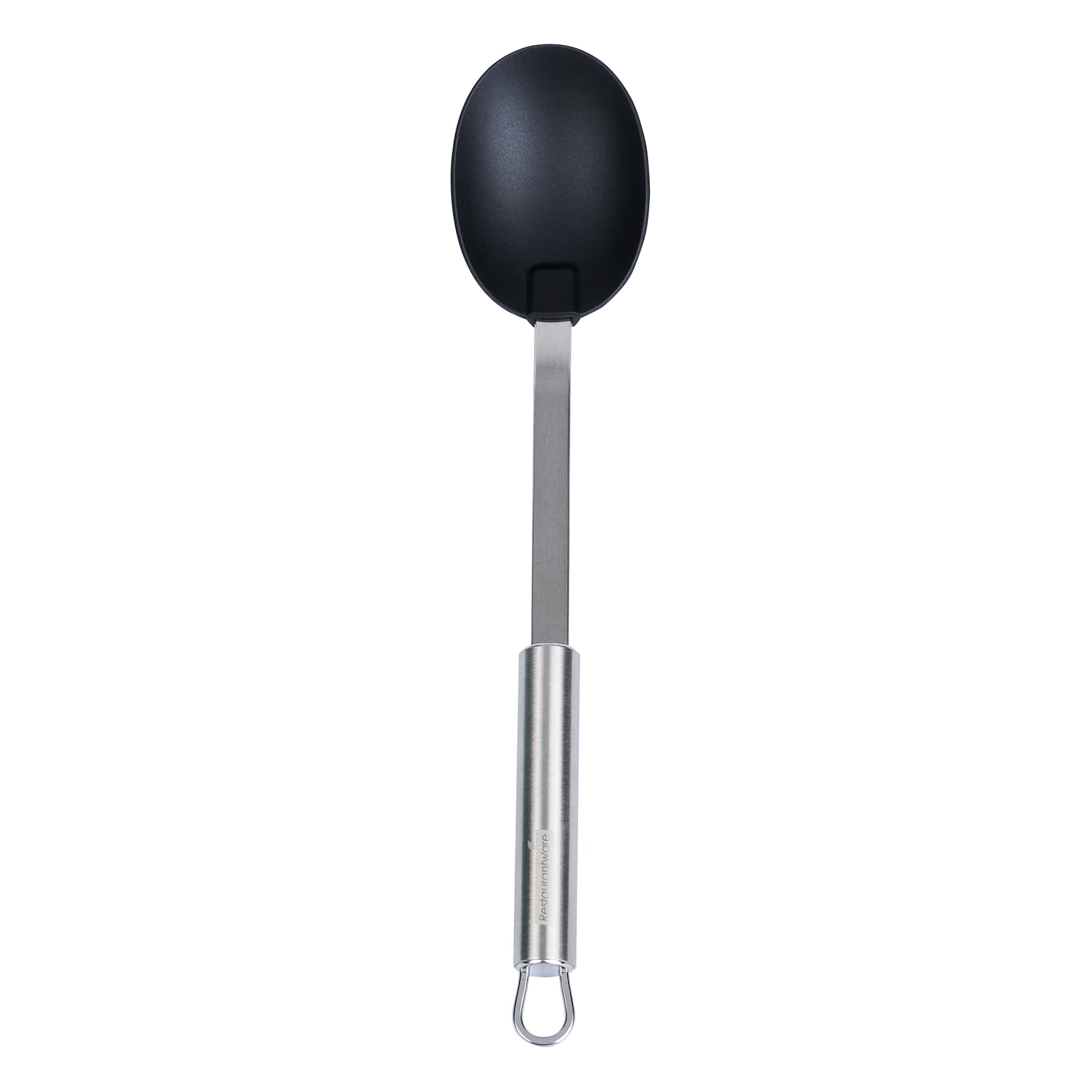 Restaurantware - Cuchara estándar alemana, 1 cuchara de servir sólida de alta resistencia, mango ergonómico de acero inoxidable, lavavajillas, cuchara de servir de nailon negro, para eventos de