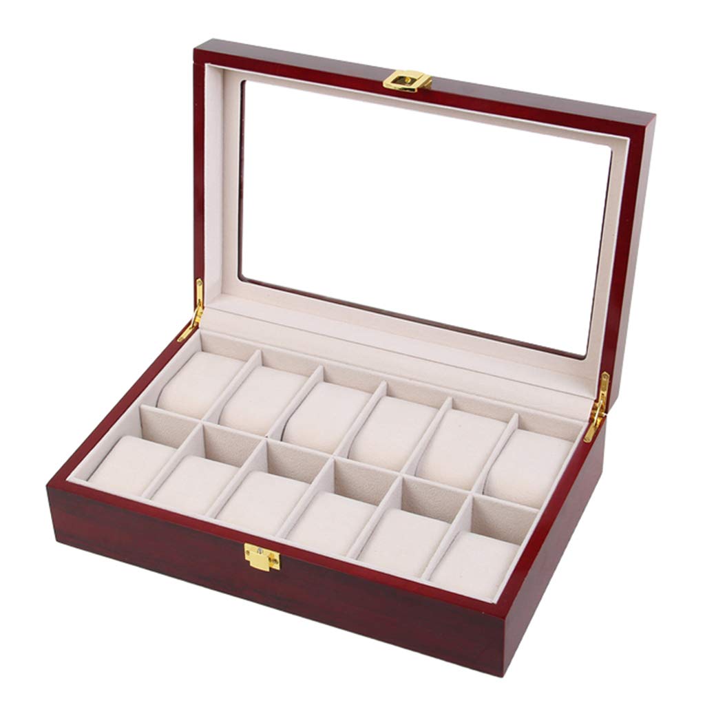 Caja de reloj de madera con 12 ranuras para reloj, caja de almacenamiento para exhibición de joyas con almohada de almacenamiento extraíble, organizador de vitrina, tapa de vidrio y hebilla de metal