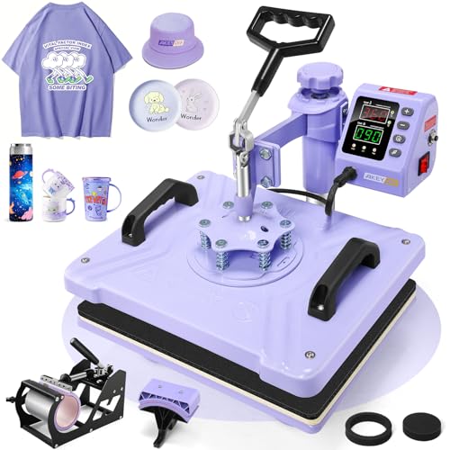 AKEYDIY Upgraded 5 in 1 Heat Press Machine for Tshirts 12X15 Inch, 360° Swing Away Shirt Press Machine for Sublimation, Multifunctional Heat Transfer Machine Combo for Shirts (Purple-5 in 1)