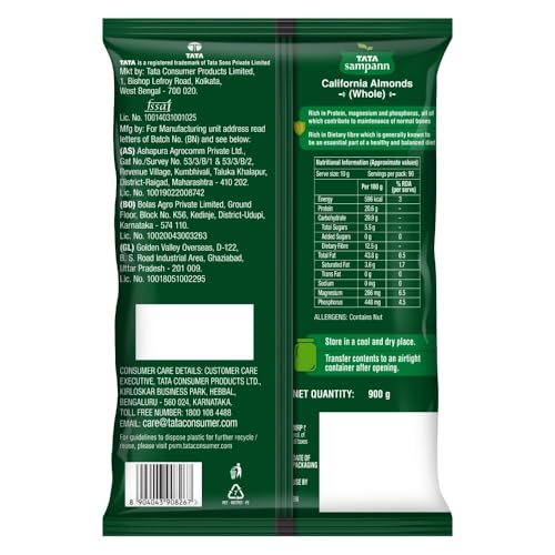 Image of Tata Sampann Pure California Almonds Whole, 1kg, Real Nuts, High In Fiber, Badam Giri, Rich In Protein, Magnesium, Phosphorus And Dietary Fibre, Nuts & Dry Fruits, Value Pack (Pack of 2)
