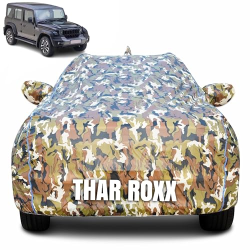 Image of 100% Waterproof Car Body Cover for Mahindra Thar Roxx (2024-2025) with Mirror Pocket (Heat & UV Resistant, Triple Stitched, Soft Lining, Bottom Elastic & Piping) Camouflage, Military Print