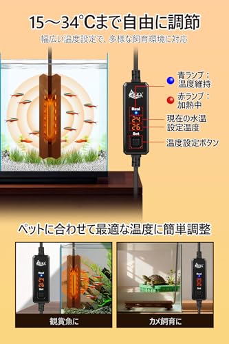 AQQA 水槽用ヒーター 15~34℃温度調節 デジタル表示 コントローラー付 小型ヒーター 縦横設置可能 省エネ 熱帯魚 観賞魚対応 (ブラック, 25W)