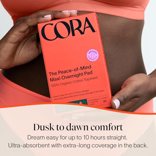 Image of Cora 100% Organic Cotton Topsheet Pads Maxi Overnight Pads (48 Count) | Maxi Absorbency Period Pads with Wings, Up to 10 Hours of Leak Protection, Made Without Harsh Chemicals, Feminine Care