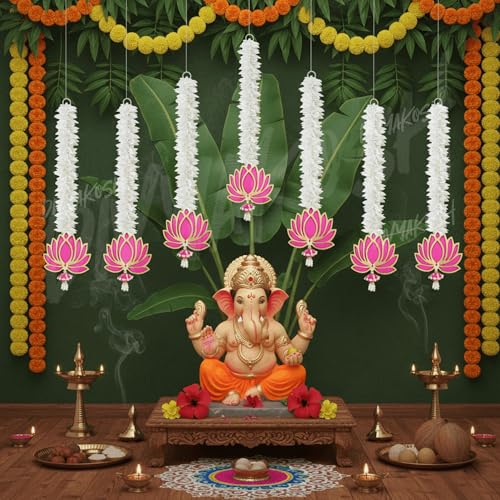 Image of Divyakosh Lotus Hanging with White Artificial Flowers 7 Pcs | Floral Wall Hangings for Home Decoration,Temple,Diwali,Ganpati & All Festival Decoration | 20 Inches Each |