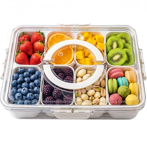 Snackle Box with Lid and Handle Multi-Compartment Divided Snack Serving Tray Dishwasher Safe Portable Airtight Food Container for Plane Travel & Picnics Party Organiser for Fruit Sweets